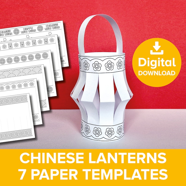 Op de afbeelding: Printbare papieren sjablonen voor Chinese lantaarns. Zeven zwart-wit sjablonen met verschillende ontwerpen, waaronder een traditioneel Chinees patroon, een golfpatroon en een bloemenpatroon. De sjablonen zijn klaar om te worden afgedrukt en uitgeknipt om je eigen Chinese lantaarns te maken.