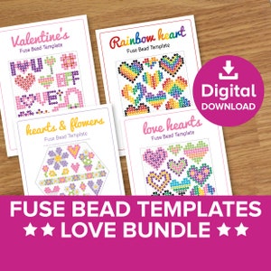 Love Fuse Bead Template Bundle Set, Best Friend BFF Valentine's Craft Gift, Rainbow Hearts Flowers Hama Perler, Present Tutorial Printable