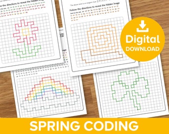 Folhas de atividades de codificação da natureza, revelação de imagens escondidas da primavera, pixel art de verão, decodificação de imagens de trevo, flor e caracol arco-íris, download divertido para imprimir