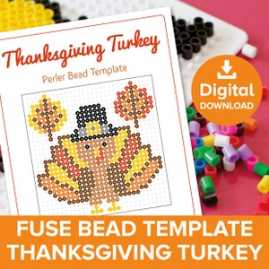 May include: A printable Perler bead template for a Thanksgiving turkey. The template shows a turkey with a brown body, yellow feathers, a red wattle, and a black hat. The turkey is standing next to a brown tree with orange and yellow leaves. The text "Thanksgiving Turkey" and "Perler Bead Template" is printed on the page.