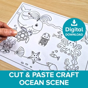 May include: A printable black and white ocean scene cut and paste craft activity. The image shows a whale, turtle, octopus, jellyfish, starfish, seashells, and seaweed. The text "Digital Download" is in the upper right corner of the image.