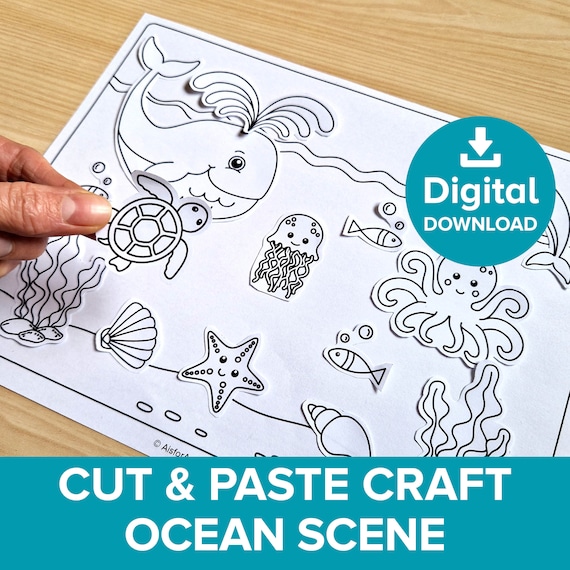 Ocean Scene Cut & Paste Craft, Sea Creatures Coloring Page Activity, Marine Animals Educational Worksheet, Underwater Art Beach Printable