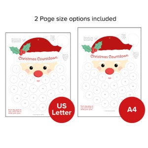 May include: Christmas Countdown printable featuring Santa Claus design. Includes two size options: US Letter and A4. Each day, glue a cotton ball or white pom-pom onto the numbered circles. The design includes space to write a name on Santa's hat.