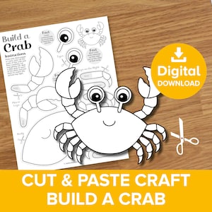 Granchio da ritagliare e incollare, kit artistico da colorare e costruire per la spiaggia estiva, modello di burattino di crostacei con animali dell'oceano, kit artistico per attività con creature marine