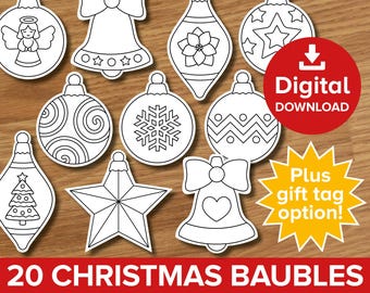 Artigianato da colorare con palline di Natale, etichetta regalo da ritagliare e incollare stampabile, attività di decorazione dell'albero di Natale, kit di etichette regalo per ornamenti natalizi
