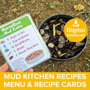 Tarjetas de recetas de cocina de barro, paquete de juego de rol de cocina al aire libre para niños, póster de menú de comida de juego desordenado, kit de recetas de chef de jardín, actividad imprimible