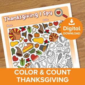Thanksgiving Jag spionerar arbetsblad, Öga spionerar färg och räkna utmaning, hemundervisningsresurs målarfärg, höstfirande USA pedagogisk matematik utskrivbar