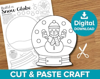 Puede incluir: Una actividad de manualidades imprimible en blanco y negro para construir un globo de nieve. La manualidad incluye un muñeco de nieve, un globo, una base y nieve. El texto "Build a Snow Globe" y "Cut & Paste Craft" está incluido en la imagen.