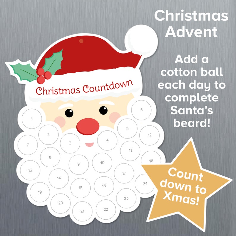 May include: A Christmas Advent calendar shaped like Santa Claus, with a red hat, white beard, and numbered circles for each day. The text says "Christmas Countdown" and "Count down to Xmas!"