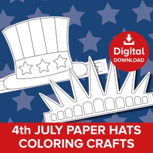 Cappelli di carta per il 4 luglio, cappellino per la festa dell'Indipendenza, corona della Statua della Libertà degli Stati Uniti, gioco di ruolo dello Zio Sam, da ritagliare e colorare, stampabile