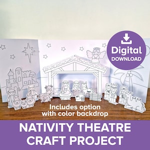 Artigianato per il teatro del presepe di Natale, scena di Natale in 3D da colorare, costruisci e gioca con la decorazione natalizia di Gesù Bambino, progetto di attività artistica stampabile