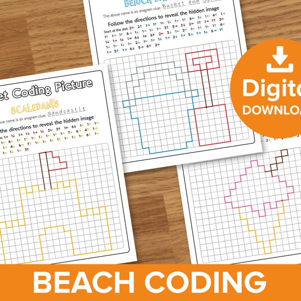 Beach Coding Worksheets, Summer Hidden Picture Reveal, Seaside Pixel Art, Sandcastle Ice Cream Bucket Spade Image Decode, Fun Kids Printable