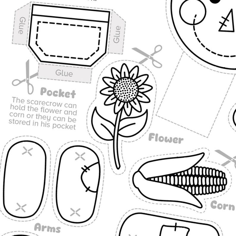 May include: Black and white printable paper craft of a scarecrow with a pocket, flower, corn, and arms. The text "Glue" appears on the paper craft. The text "Pocket" appears on the paper craft. The text "The scarecrow can hold the flower and corn or they can be stored in his pocket" appears on the paper craft. The text "Flower" appears on the paper craft. The text "Corn" appears on the paper craft. The text "Arms" appears on the paper craft.