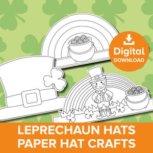 May include: Printable leprechaun hat craft templates.  The set includes three different hat designs: a basic leprechaun hat, a leprechaun hat with a rainbow and pot of gold, and a leprechaun hat with a leprechaun standing in front of a rainbow and pot of gold.  Digital download.