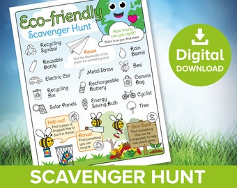 Eco Friendly Scavenger Hunt, Climate Action Earth Day Treasure Hunt Coloring Activity Worksheet, Go Green World Kindness Challenge Printable