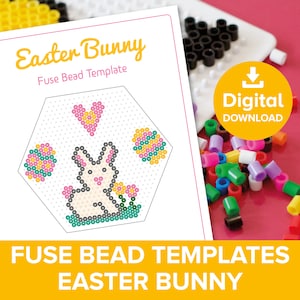 May include: A printable fuse bead template featuring an Easter bunny holding a heart and surrounded by Easter eggs. The template is labeled "Easter Bunny Fuse Bead Template" and "Digital Download".