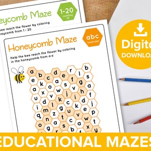 Hojas de trabajo del desafío del laberinto ABC, paquete de actividades matemáticas, juego de conteo de educación en el hogar para niños, diversión del alfabeto de letras numéricas para niños, abeja de primavera imprimible