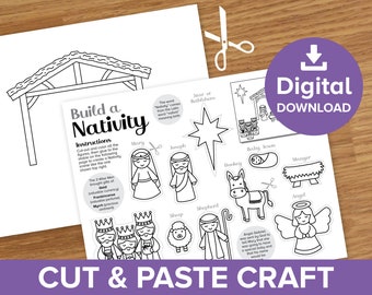 Christmas Nativity Cut & Paste Craft, Kids Colour and Build Xmas Jesus Story Coloring Scene, Stable Printable Artwork Activity