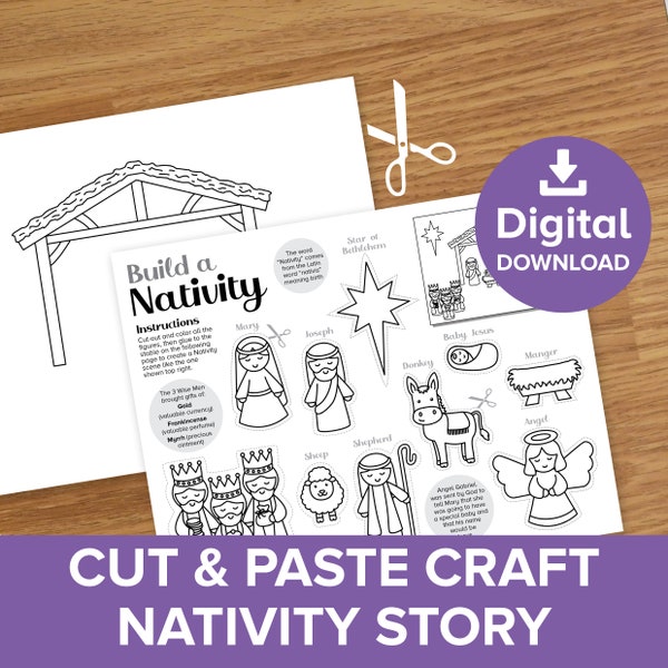 Christmas Nativity Cut & Paste Craft, Kids Colour and Build Xmas Jesus Story Coloring Scene, Stable Printable Artwork Activity