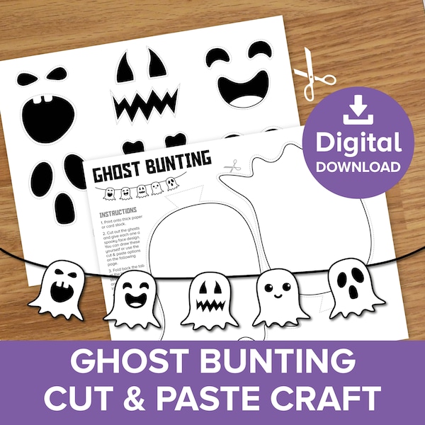 Ghost Bunting Cut & Paste Craft, Halloween Party Decoration Kit, Kids DIY Ghoul Art Drawing Activity, Spooky Home Decor Printable Download