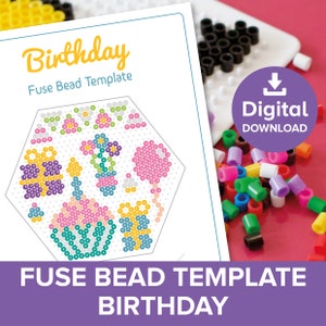 Sjabloon verjaardagsfeestje zekeringkraal, Hama Perler Nabbi ambachtelijk cadeau, cupcake aanwezig bloemen slinger ballontaart, kleine wereld speelactiviteit