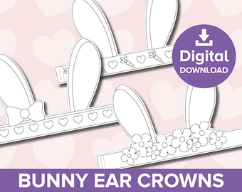 Easter Bunny Paper Crowns Printable, Rabbit Ears Hat Coloring Craft, Spring Bonnet Egg Hunt Party Bag Filler, Dress-up Costume Art Activity