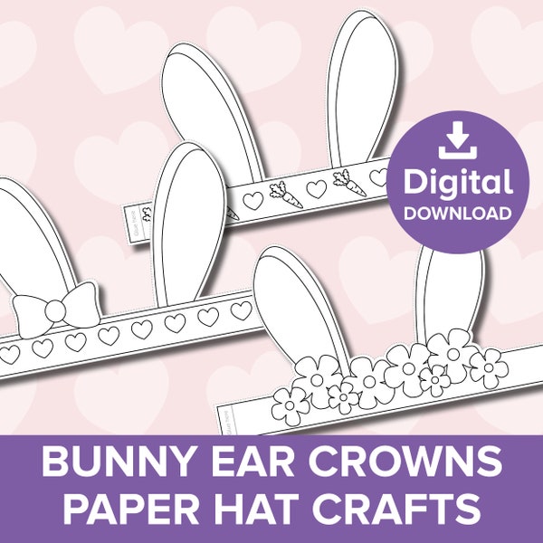 Easter Bunny Paper Crowns Printable, Rabbit Ears Hat Coloring Craft, Spring Bonnet Egg Hunt Party Bag Filler, Dress-up Costume Art Activity