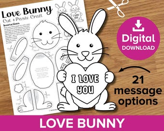 Love Bunny Cut & Paste Craft, Valentines Note Heart Coloring