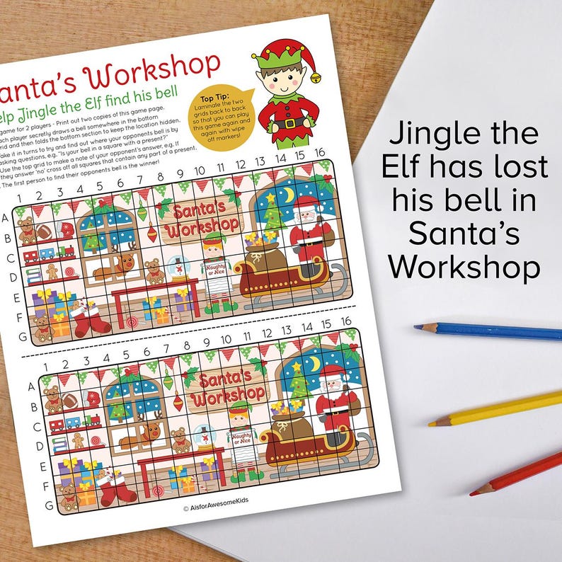 May include: A printable Christmas-themed game for two players. The game is called "Jingle the Elf has lost his bell in Santa's Workshop". The game board is a grid with a picture of Santa's workshop and a grid with a picture of Santa's sleigh. Players take turns trying to find their opponent's bell by asking questions about the location of the bell.