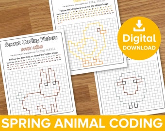 Spring Animals Coding Worksheets, Easter Bunny Picture Reveal, Baby Chick Pixel Art, Lamb Secret Code, Home Learning Kids Printable Download