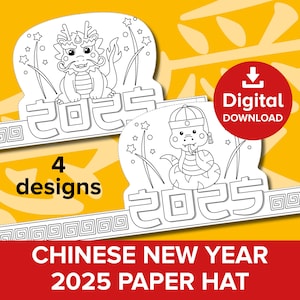 Corona di carta per il capodanno cinese 2025, cappello da festa per il festival lunare dell'anno del serpente, attività stampabile per il drago della celebrazione del mooncake