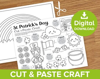 St Patrick's Day Cut & Paste Craft, Colour and Build Leprechaun Scene Artwork Printable, Irish Sprite Pot of Gold Activity, Paddy Worksheet