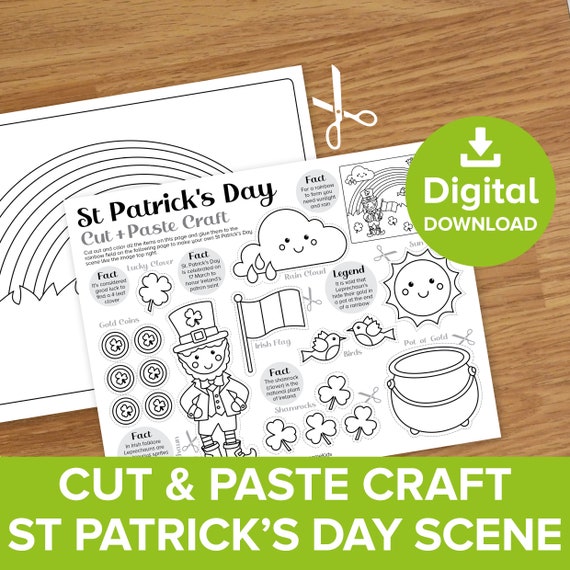 St Patrick's Day Cut & Paste Craft, Colour and Build Leprechaun Scene Artwork Printable, Irish Sprite Pot of Gold Activity, Paddy Worksheet