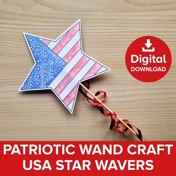 USA Flag Star Wand Coloring Craft, Independence Day Celebration Party Bag, Magic Wand Dress Up Kit, 4th July Parade Waver Printable Activity