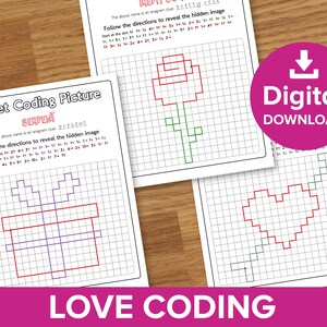 May include: Three printable worksheets for kids to practice coding by following directions to draw a flower, a present, and a heart. Each worksheet has a grid with numbers and directions to follow.