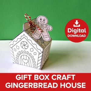 Christmas Gift Box Craft, Mini Gingerbread House Present Wrapping, Xmas Favor Holiday Table Decoration, Gift for Mom Coloring Page Printable