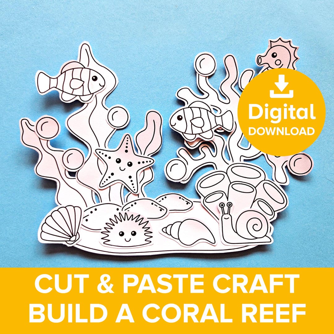 Coral Reef Cut & Paste Craft, Sea Creatures Coloring Activity Printable ...