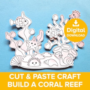 Coral Reef Cut & Paste Craft, Sea Creatures Coloring Activity Printable, Marine Life Educational Worksheet, Build Underwater Ocean Scene Art