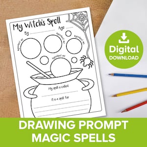 May include: A printable worksheet for kids to create their own witch's spell. The worksheet features a cauldron, a spider, and a web. It includes spaces for the child to write the name of the spell, the ingredients, and what the spell is for.