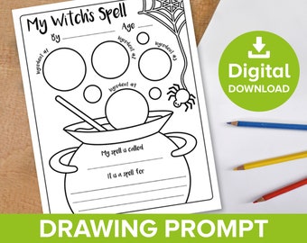 My Witch's Spell Halloween Drawing Prompt Activity, Kids Wizard Writing Worksheet, Childrens Draw Color Magic Complete the Picture Printable