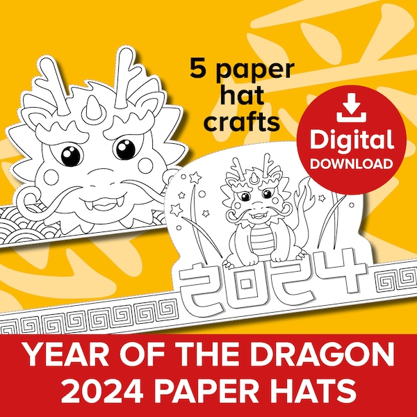 2024 Year of the Dragon Paper Hats, Chinese New Year Party Hat, Lunar Festival Celebration Crown, Firework Coloring Craft Activity Printable