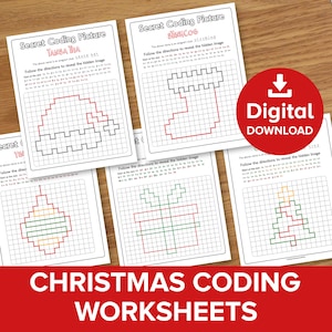 Può includere: Fogli di lavoro di codifica natalizia con immagini nascoste, tra cui un cappello di Babbo Natale, una calza, un ornamento, un regalo e un albero di Natale. I fogli di lavoro sono etichettati come "Secret Coding Picture" e sono disponibili per il download digitale.