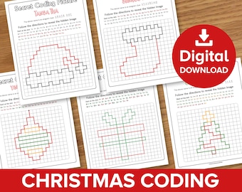 Folhas de Atividades de Programação de Natal, Desafio de Revelação de Imagens de Natal, Arte Pixel com Imagem Oculta de Inverno, Presente do Papai Noel, Atividade Divertida de Decodificação para Crianças (Para Imprimir)