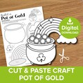 Pot of Gold Cut & Paste Craft, St Patrick's Day Color and Build Printable, Leprechaun Coins Glue Stick Kit, Irish Sprite End of Rainbow Art