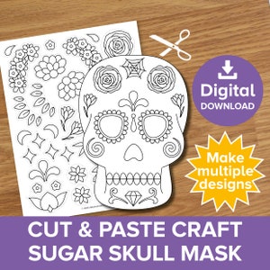 Design a Sugar Skull Cut & Paste Craft, Build a Halloween Skeleton Mask Coloring Kit, Mexican Day of the Dead Spooky Art Activity Printable