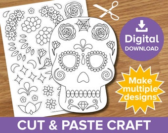 May include: Printable cut and paste craft activity featuring a sugar skull mask. The printable includes a sugar skull mask outline and a sheet of decorative elements to cut out and paste onto the mask. The decorative elements include flowers, leaves, swirls, and a diamond.
