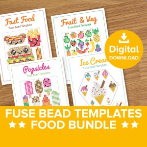 Mini Food Fuse Bead Template Bundle, Hama Perler Pyssla Melty, Ice Cream Popsicles Lolly Craft Pattern, Kids Fruit and Veg Small World Play