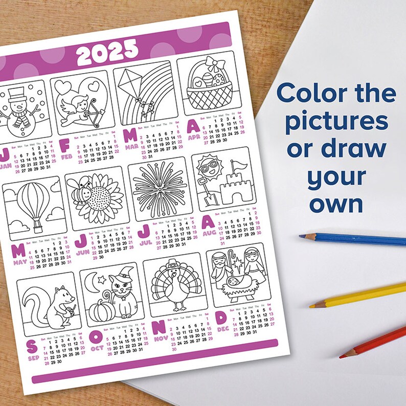 2025 Coloring Calendar, 1page Photo Calendar, Kids Make Your Own Year