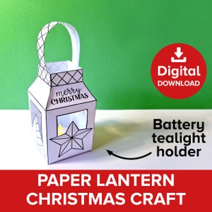 Lanterna di carta natalizia, progetto di taglio e colorazione del portacandele natalizio, kit lampada per decorazioni dell'albero di Natale, attività stampabile con luci festive