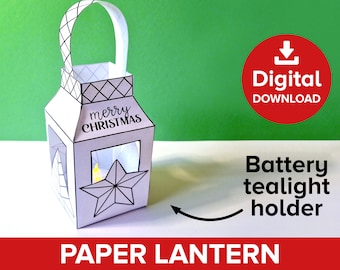 Christmas Paper Lantern Craft, Xmas Tealight Holder Cut & Color Project, Holiday Tree Decoration Lamp Kit, Festive Lights Printable Activity